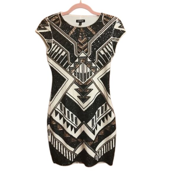 Express Geometric Sequin Bodycon Mini Dress Black White Gold Party/Cocktail XS - Picture 2 of 8
